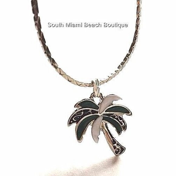 Palm Tree Necklace Silver Plated Island Beach Hawaii Nautical Enamel Coconut 18" - Picture 7 of 10